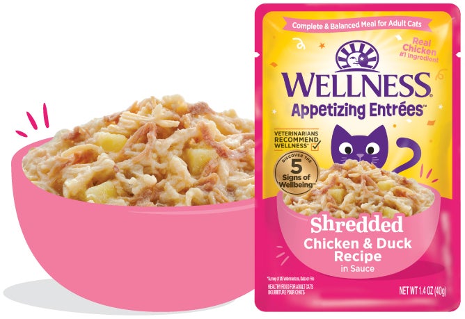 Shredded chicken and duck recipe/product, Appetizing Entrees, wellness pet food, cat food, wet cat food, dry cat food, healthy cat food