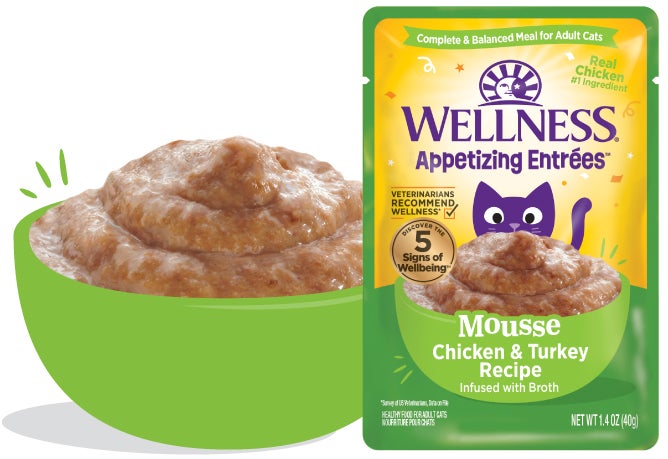 Mousse chicken and turkey recipe/product, Appetizing Entrees, wellness pet food, cat food, wet cat food, dry cat food, healthy cat food