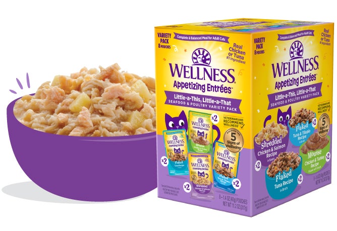 Appetizing entrees variety pack product, Appetizing Entrees, wellness pet food, cat food, wet cat food, dry cat food, healthy cat food 