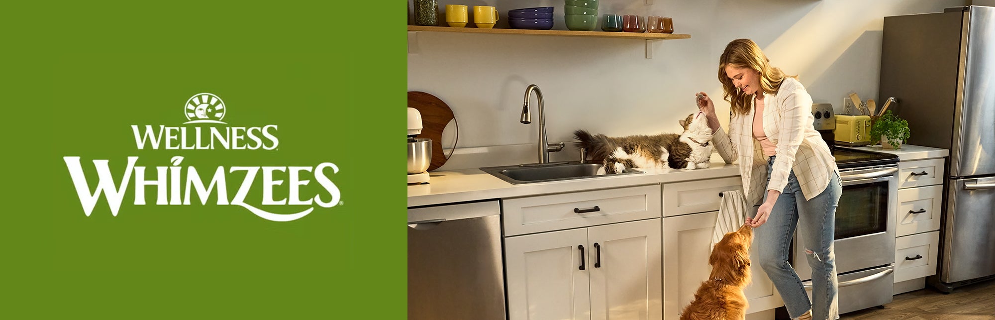 happy dog and owner, whimzees dog dental treats logo, dog treats